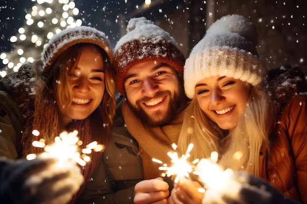 Foto amigos felizes celebrando com faíscas na noite de férias do ano novo