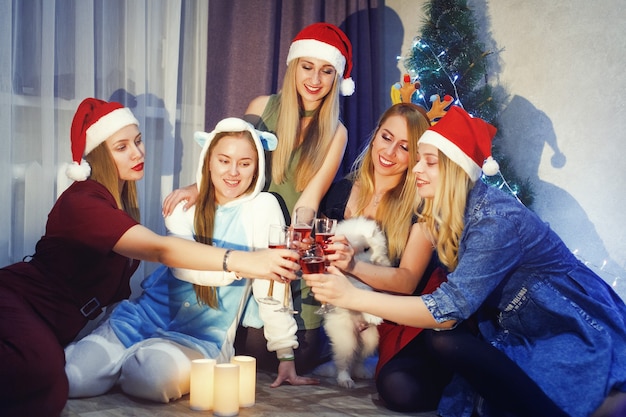 Amigos felizes comemorando o ano novo com taça de champanhe e brindando em casa