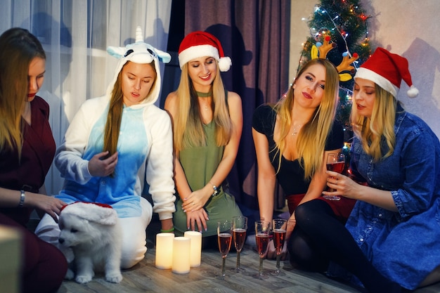 Amigos felizes, comemorando o Natal ou o Ano Novo com taça de champanhe e brindes. Cinco lindas garotas comemorando o natal em casa