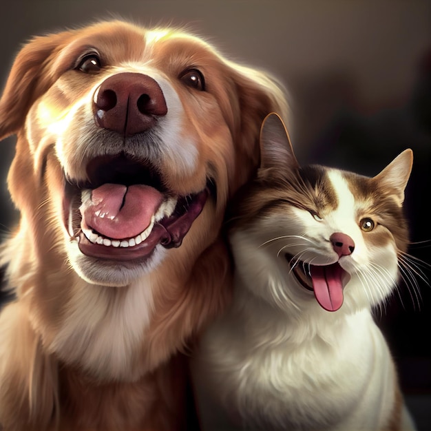 Amigos felizes de cães e gatos posando juntos