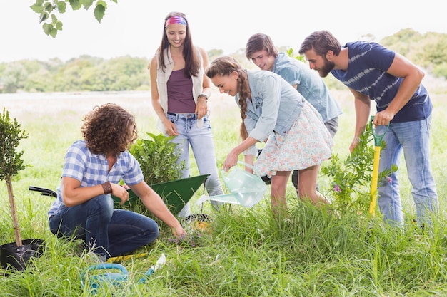 Foto amigos felizes de jardinagem para a comunidade