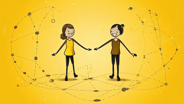 Foto amigos felizes de mãos dadas ilustração vetorial de desenho animado em fundo amarelo no estilo de feito o