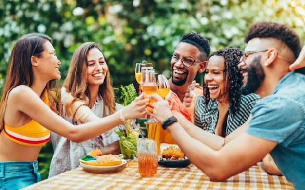 Amigos felizes de várias raças brindando com copos de coquetel ao ar livre nas férias de verão