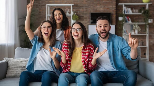 Foto amigos felizes e entusiasmados a ver basquetebol, futebol, futebal, torneio de ténis no sofá.