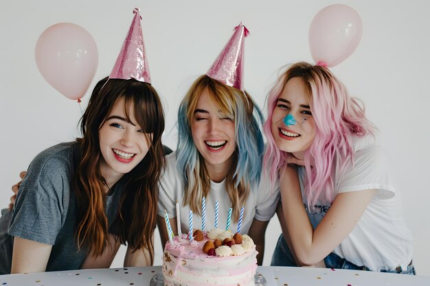 Amigos felizes e sorridente a divertir-se na festa de aniversário.