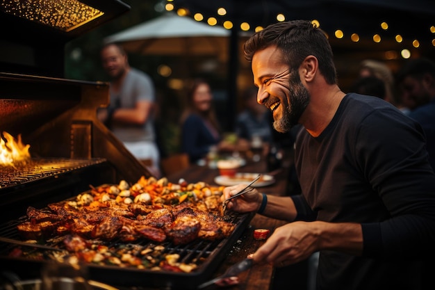 Amigos felizes em animado churrasco ao ar livre generativo IA