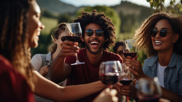 Amigos felizes jantando na festa no jardim de verão