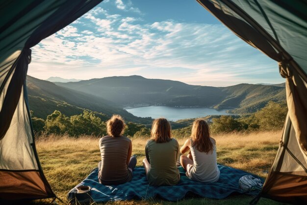 Amigos felizes juntos perto da tenda ao ar livre no verão