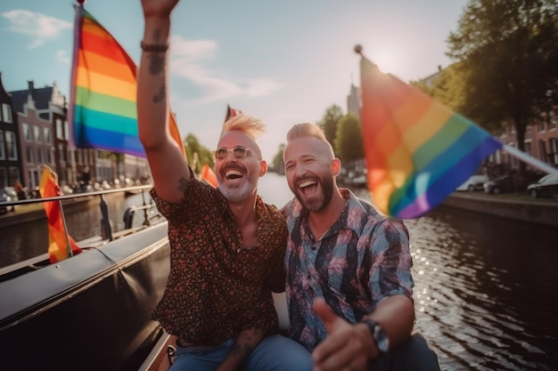 Amigos felizes na Parada do Orgulho LGBTQ em Amsterdam Amsterdam Pride Celebration