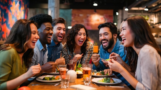 Amigos felizes no restaurante.