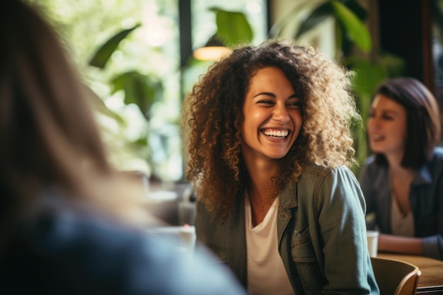 Foto amigos felizes reunidos no café generative ai