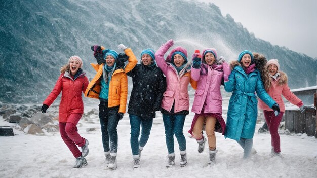 Amigos felizes salta praia amizade ou conceito de equipe em neve tempo tão colorido