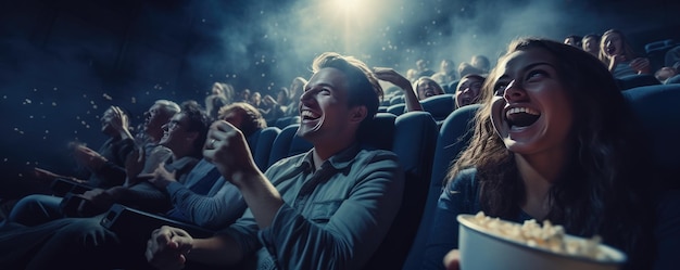 Foto amigos felizes sentados no cinema a ver um filme generative ai