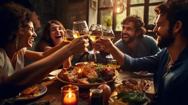 Foto amigos festejando aproveitando o conceito de comida