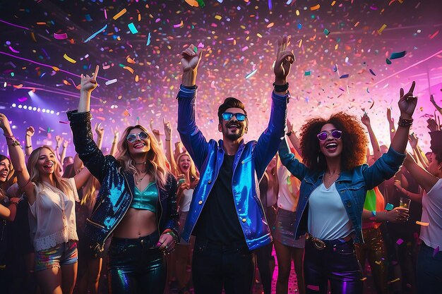 Amigos del festival corporativo en la discoteca moderna de neón con confeti volador las manos en alto