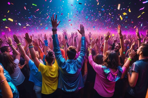 Amigos del festival corporativo en la discoteca moderna de neón con confeti volador las manos en alto