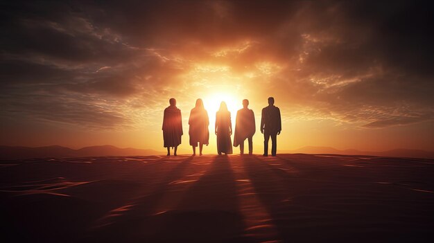 Foto amigos ficam na duna de areia e admiram o conceito de silhueta do nascer do sol