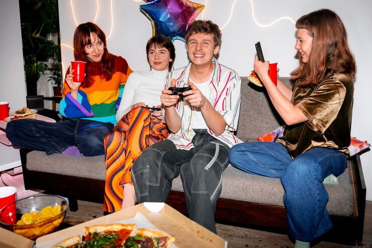 Foto amigos en una fiesta con una deliciosa pizza