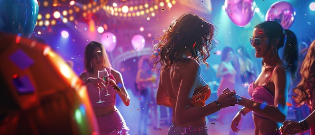 Amigos de fiesta vibrantes bailando con luces enérgicas