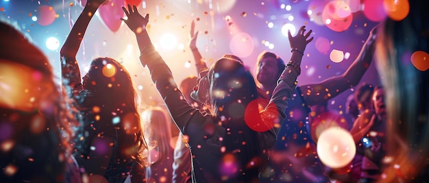 Amigos de fiesta vibrantes bailando con luces enérgicas