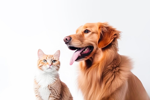 Amigos fofos de cães e gatos em fundo branco generativo ai