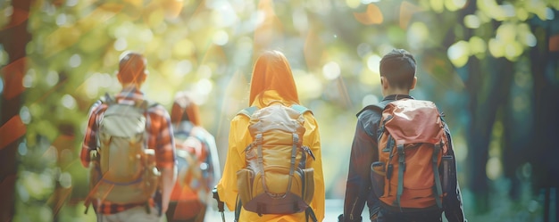 Amigos gostam de fazer caminhadas na natureza rir e explorar o ar livre conceito aventuras ao ar livre caminhadas com amigos exploração da natureza risos e amizade