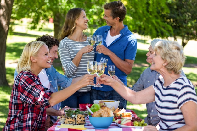 Amigos haciendo un picnic con vino