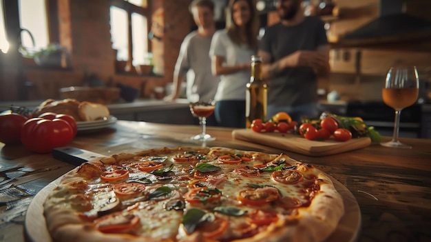 Los amigos se han reunido en la cocina hay una pizza en la mesa la pizza está cubierta con tomates albahaca y queso