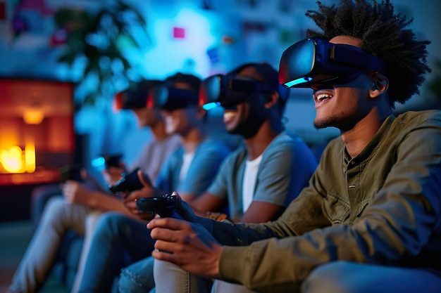 Amigos imersos em experiência de realidade virtual em grupo