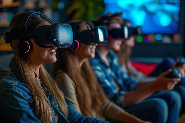 Amigos imersos em experiência de realidade virtual em grupo