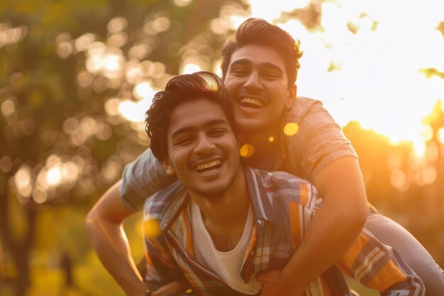 Foto amigos indianos a desfrutar de desportos ao ar livre a celebrar um gol com um amigo a carregar o outro