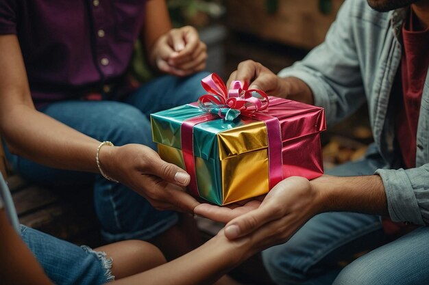 Foto amigos intercambiando regalos sinceros que simbolizan el dep