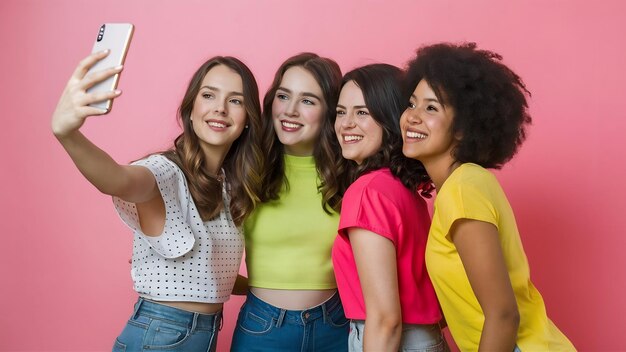 Amigos internacionales divertidos posando en un fondo rosado chicas con ropa brillante haciendo selfies