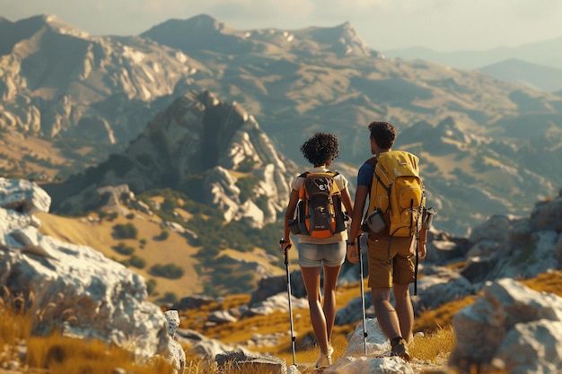 Amigos interraciais a caminhar numa terra deslumbrante.