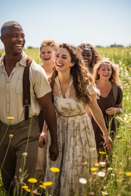 Amigos interraciais a rir e a caminhar por um campo de flores.