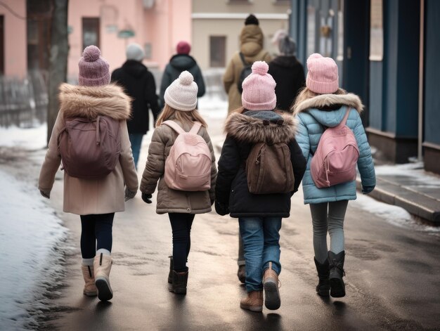 Foto amigos de invierno paseando por la calle helada de la ciudad con abrigos y sombreros cálidos