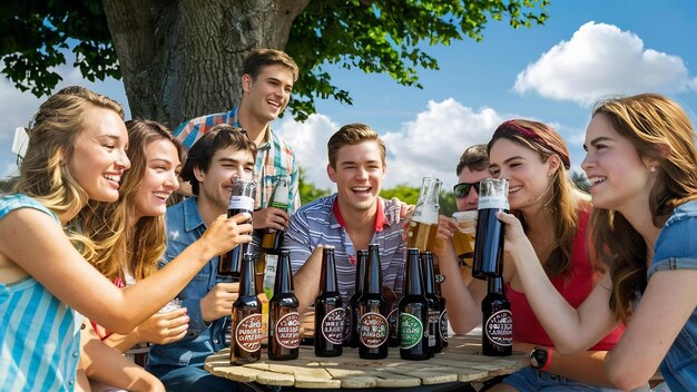 Amigos jóvenes bebiendo cerveza.