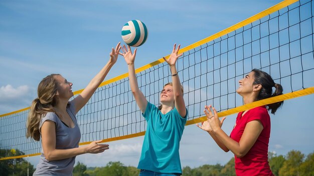 Amigos jóvenes jugando al voleibol.