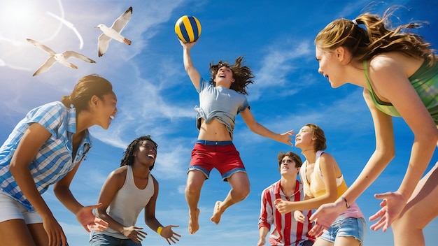 Amigos jóvenes jugando al voleibol.