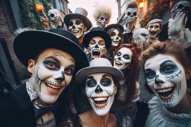 Amigos jóvenes vestidos con maquillaje aterrador y disfraces para una fiesta temática de Halloween y se divirtieron posin