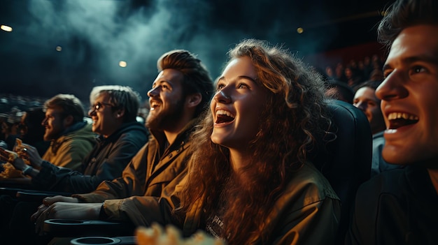 Foto amigos jóvenes viendo una película con entusiasmo en el cine