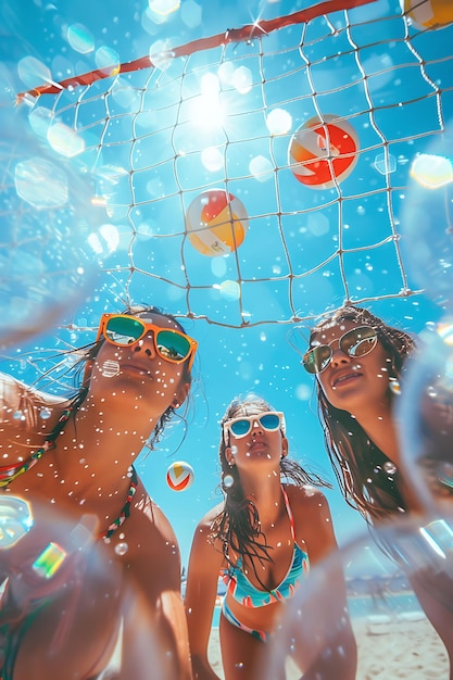 Foto amigos jugando al voleibol de playa en un día soleado en grecia wi vecino de vacaciones fondo creativo