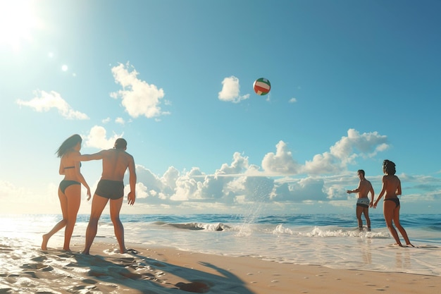 Foto amigos jugando al voleibol en la playa.