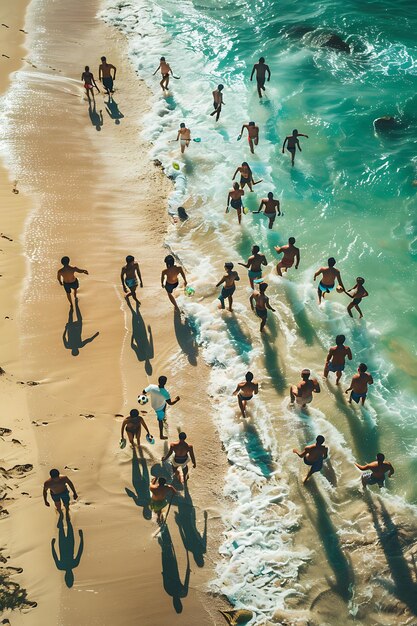 Foto amigos jugando un juego de fútbol americano en una playa de arena en v vecinos actividades de vacaciones de fondo