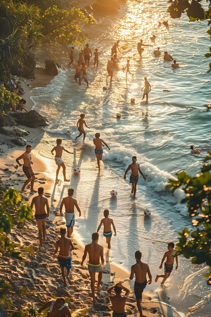 Amigos jugando un juego de fútbol americano en una playa de arena en v Vecinos Actividades de vacaciones de fondo