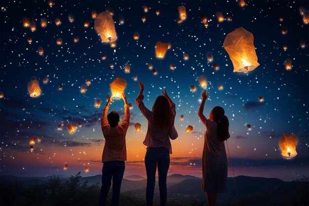 amigos liberando lanternas no céu noturno simbolizando seus desejos e sonhos