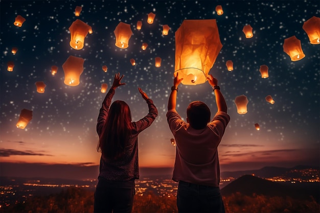 amigos liberando lanternas no céu noturno simbolizando seus desejos e sonhos