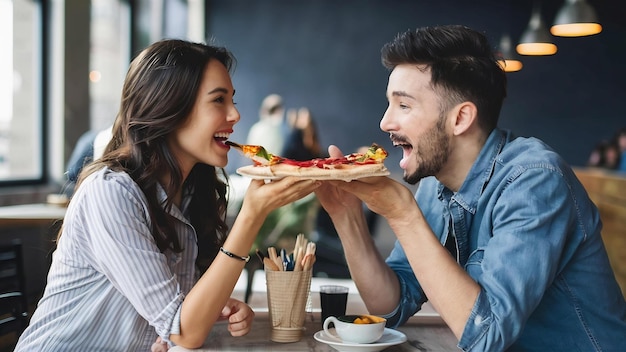 Amigos lindos en un café comiendo una pizza