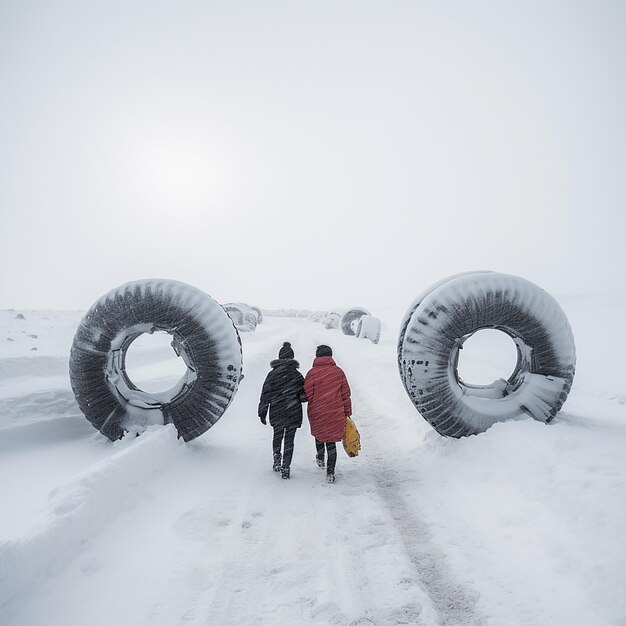 Amigos llevando tubos internos en la nieve