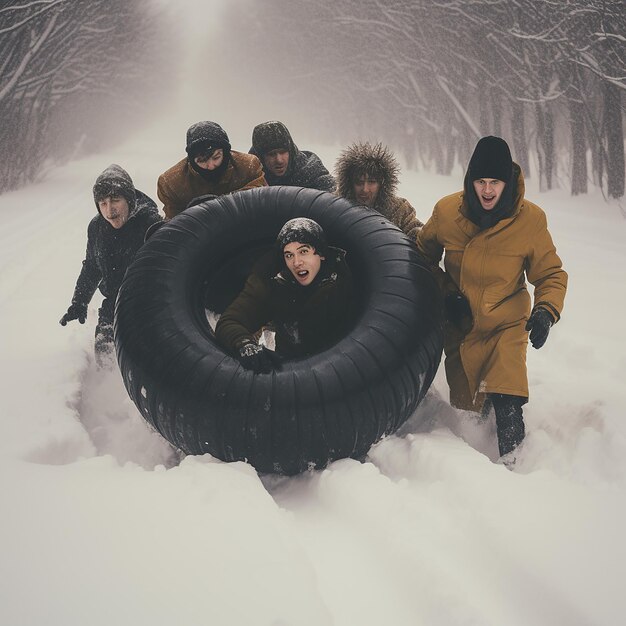 Foto amigos llevando tubos internos en la nieve